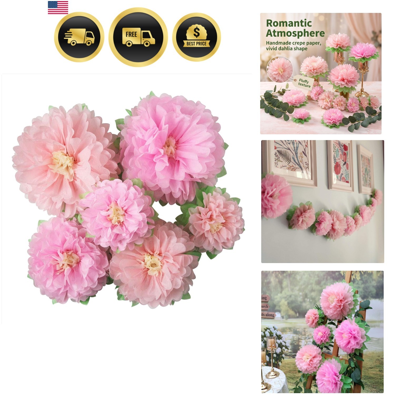 Pink Flowers Decoration 6pcs Assorted Tissue Paper Peony Bridal Shower Party