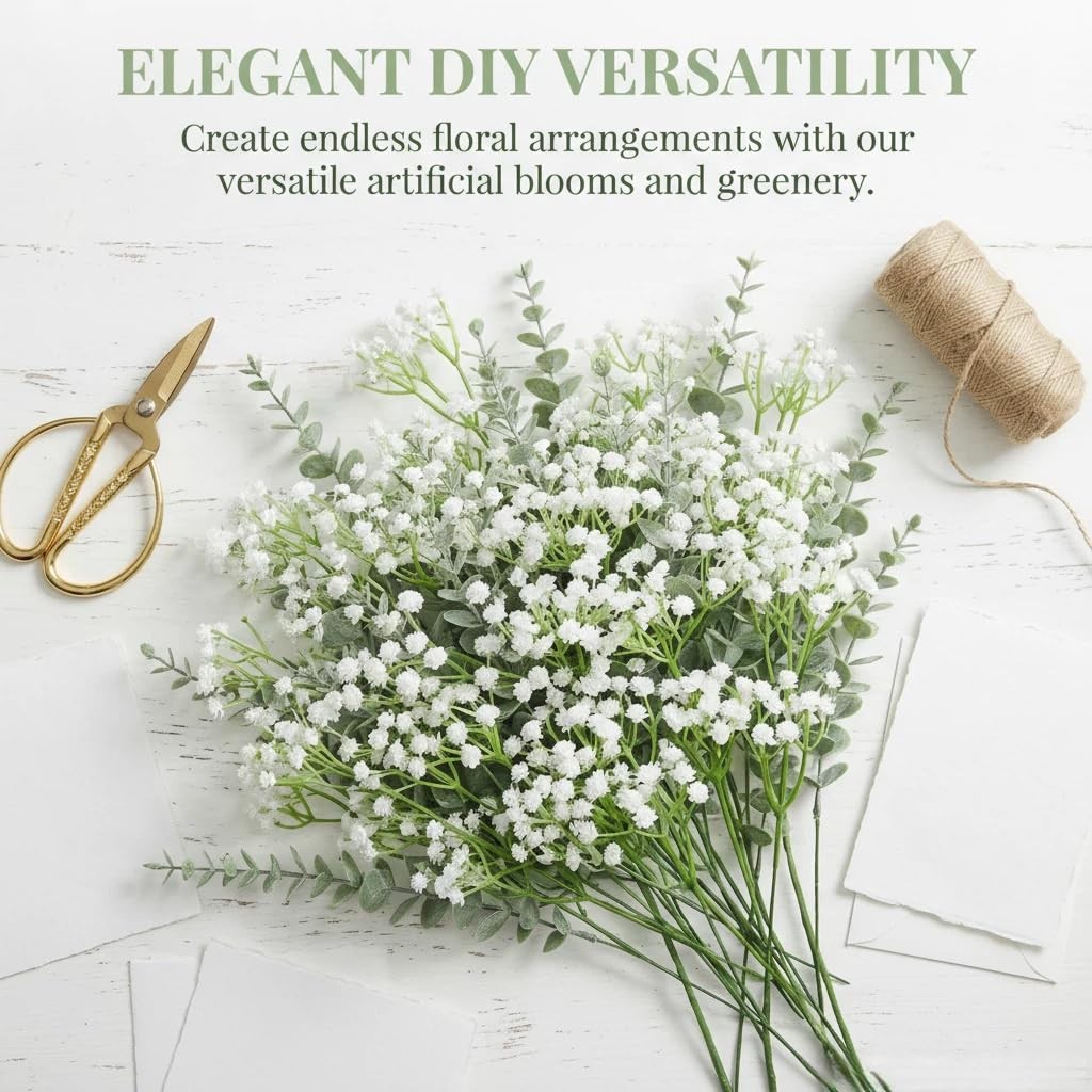 132 Pcs Babys Breath Artificial Flowers with Eucalyptus Stems, Baby Breath Fl…