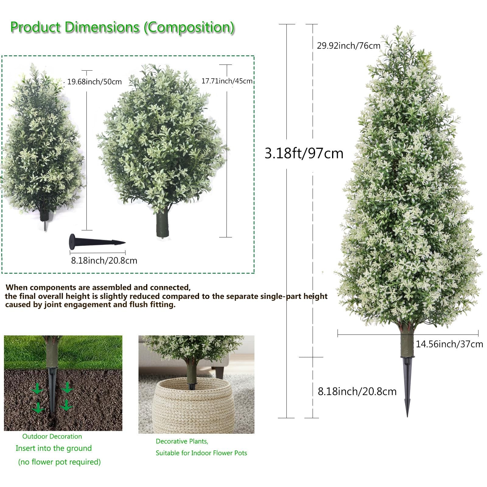 3 Ft Boxwood Topiary Set of 2, Outdoor Fake White Trees, Lifelike Faux Topiar…