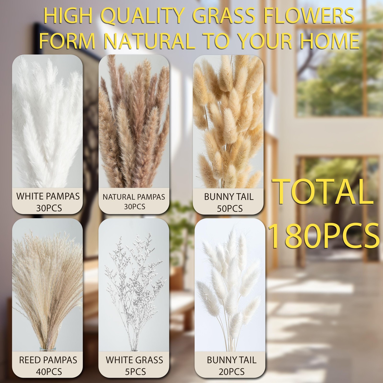 180 Pcs Pampas Grass Decor | Natural Dried 180PCS, Natural,beige,white