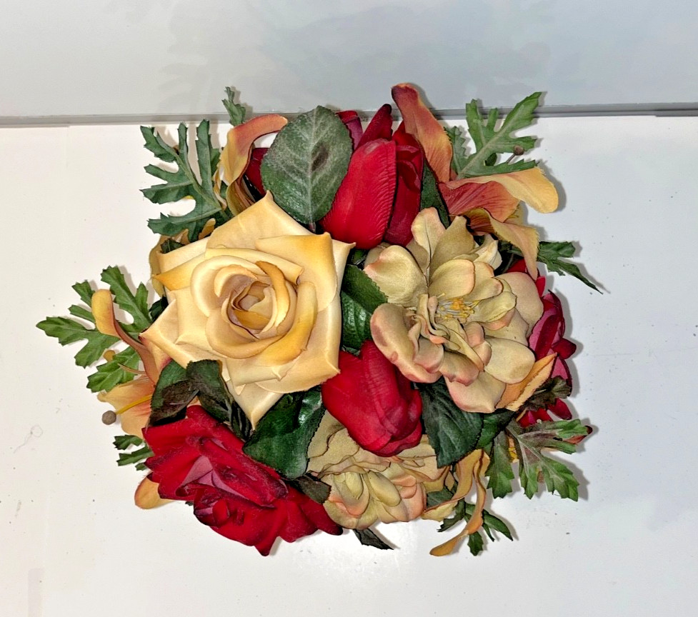 Red & Yellow Faux Flower Roses Centerpiece Beige Mahoga Brown Neutral Home Decor