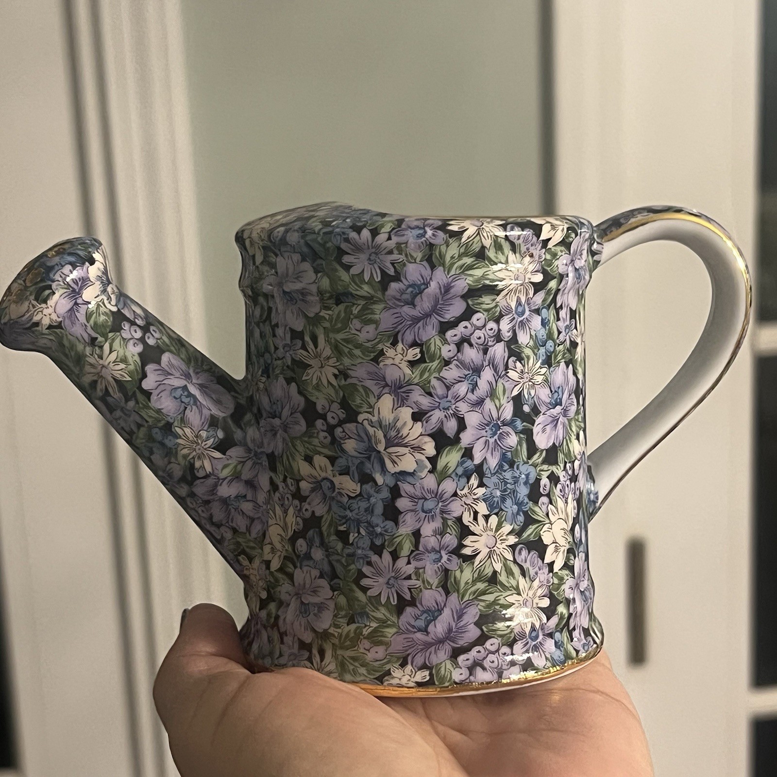 Porcelain Watering Can Two’s Company Mollie Blue Purple Chintz Floral Gold 4”