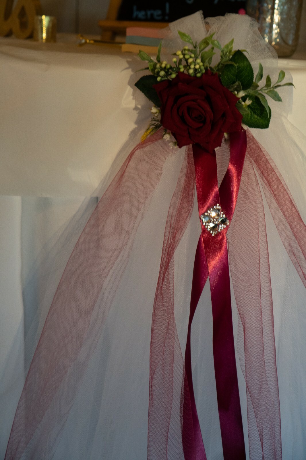 Wedding Pew Decorations White Tulle Red Roses Bling Crystals Elegant ChurchDecor