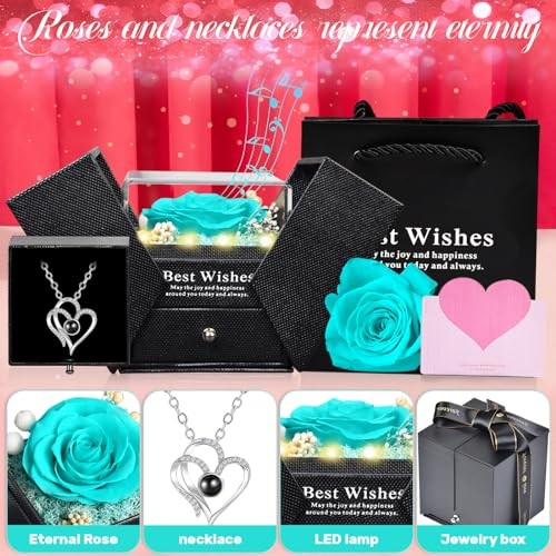 Gifts for Women – Preserved Real Rose with I Love You Heart Negro Blue