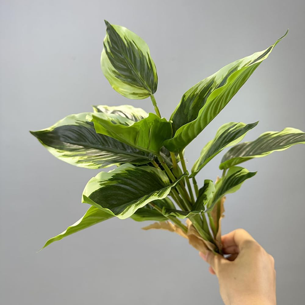 4Packs Variegated Hosta Artificial Plant 17.7″ Faux Green Dieffenbachia Plant…