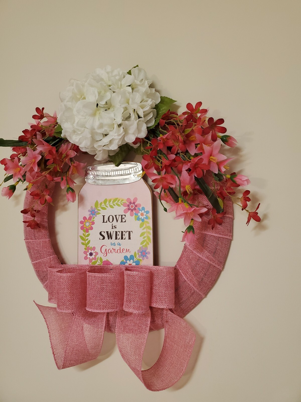Wreath “LOVE is SWEET in a garden” Pink burlap mesh Pink flowers Decor Door 16″