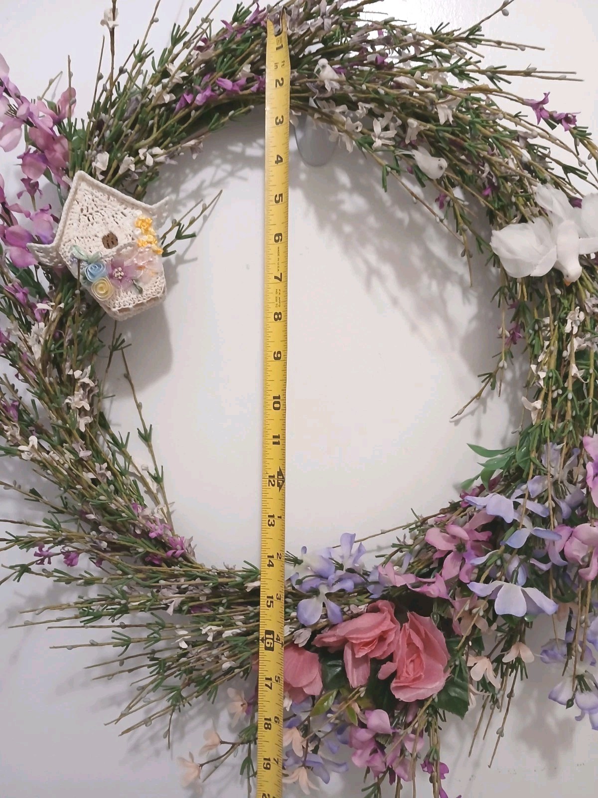 Spring Summer Door Wreath 18″ Field of Flowers Crochet Feather Bird House Wall