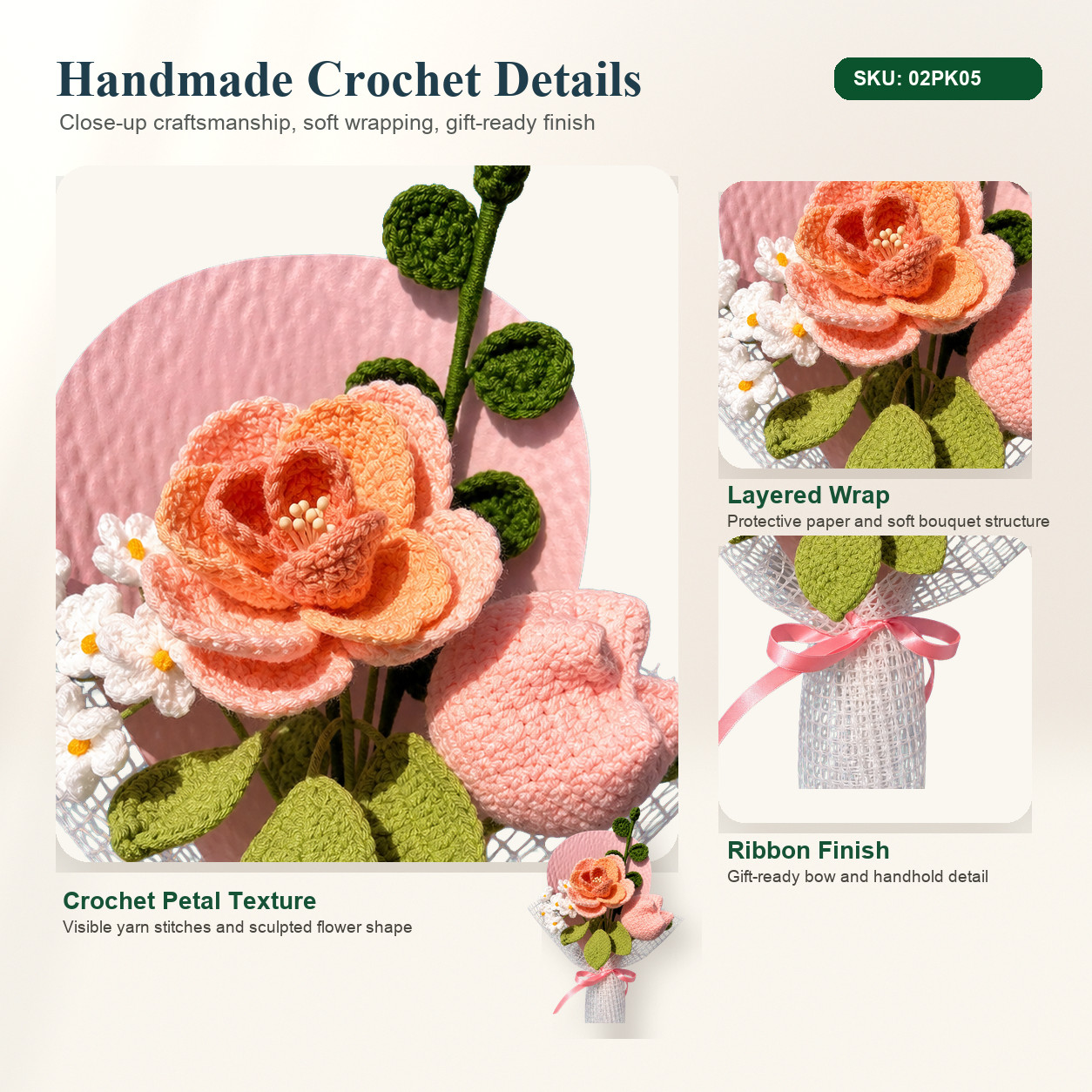 Pink Orange Crochet Rose Tulip Bouquet Birthday Thank You Gift for Her