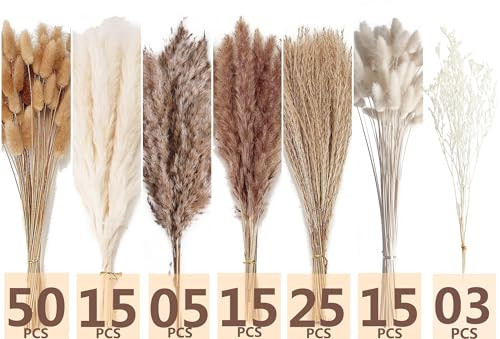 Dried Pampas Grass Decor, 128PCS Pampas Grass with Bunny Tails Dried Flowers,