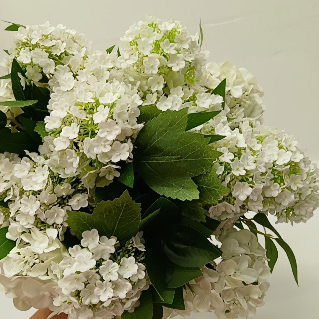 Artificial White Hydrangea Flower Bouquet 12 In Plastic Houseplant Floral Decor
