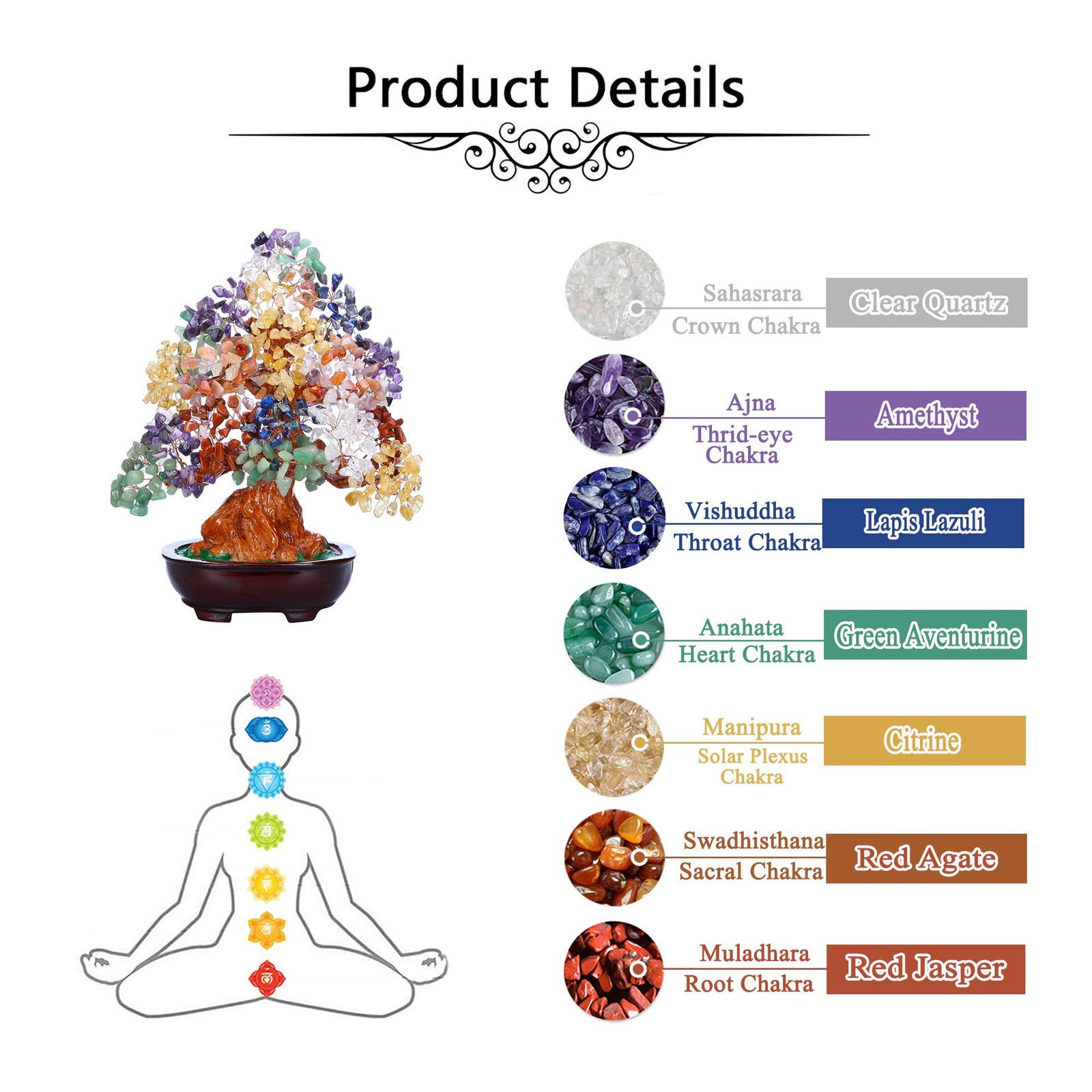 Large Feng Shui Natural 7 Chakra Healing Crystal Money Tree Resin Base Bonsai St