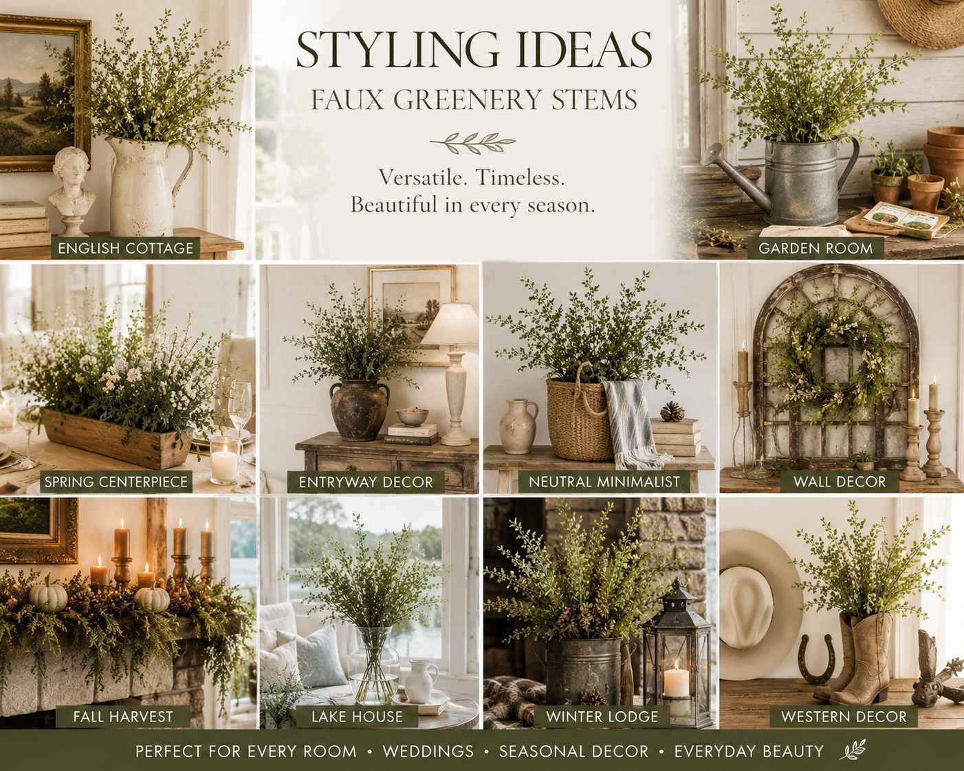 Faux Greenery Stems Set of 2 Artificial Leaf Branches Tall Faux Foliage Stems