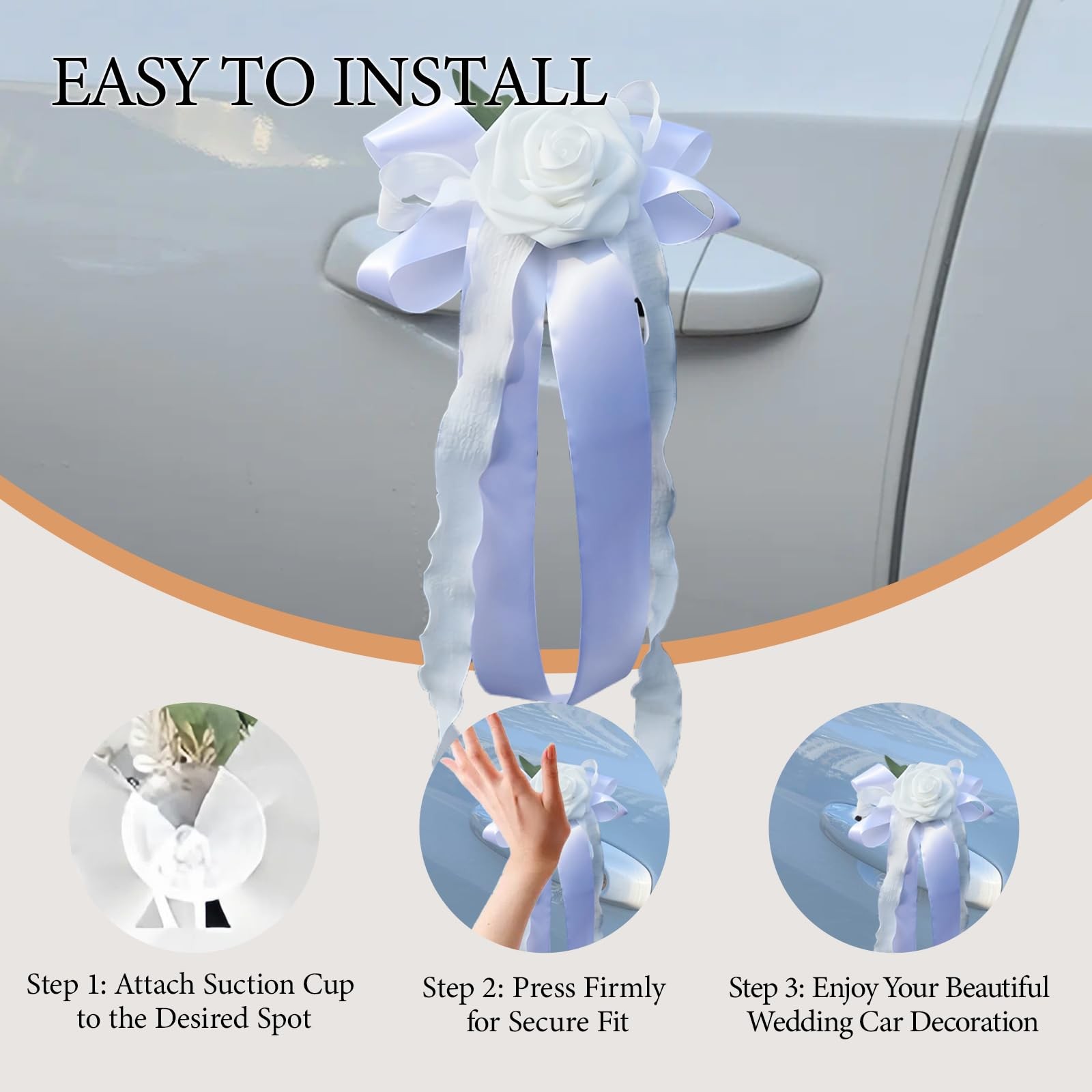 White Artificial Flower Bow, Ribbon, Wedding Car Decor, Door Handle, Rearview