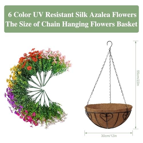 2 Set Artificial Flowers with Hanging Basket, 2 Outdoor 2pcs Azalea 6 Colors