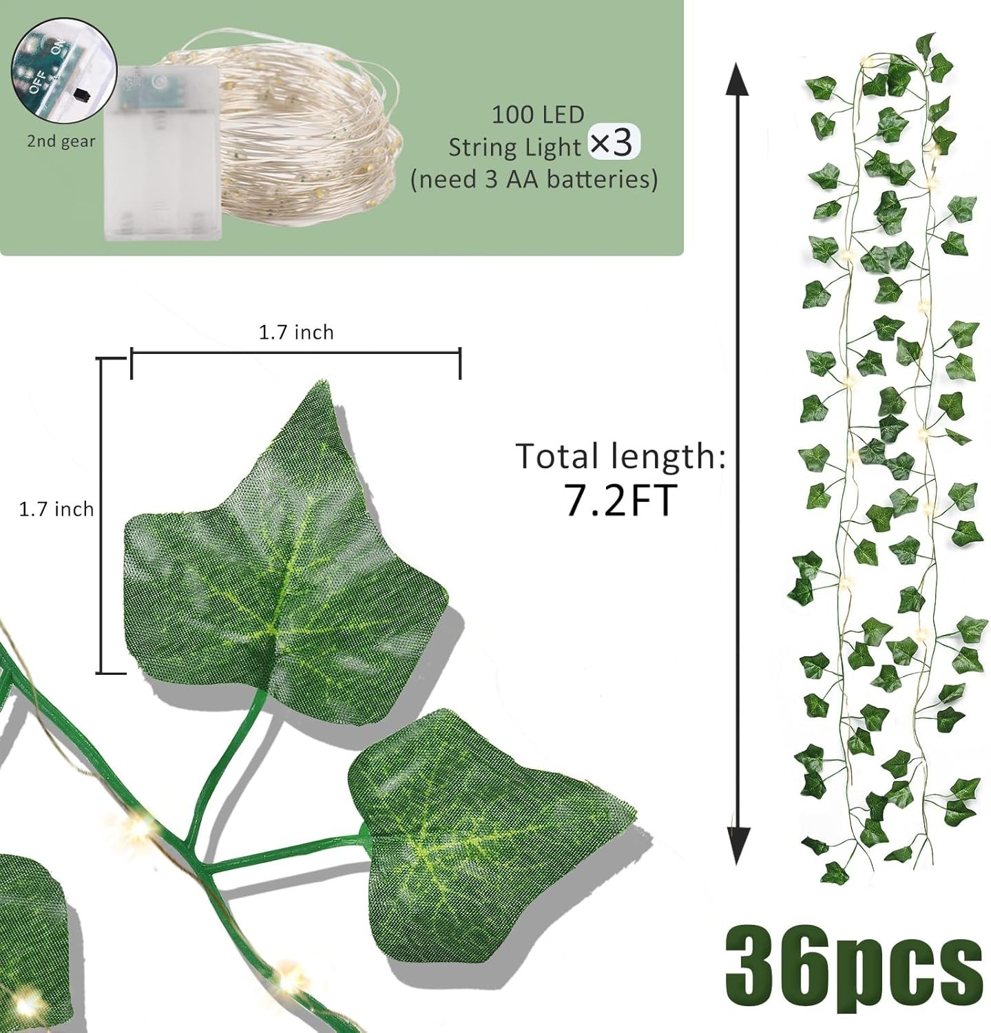 36 Pack of Lifelike Ivy Vines with 300 LED String Lights for Indoor/Outdoor Use