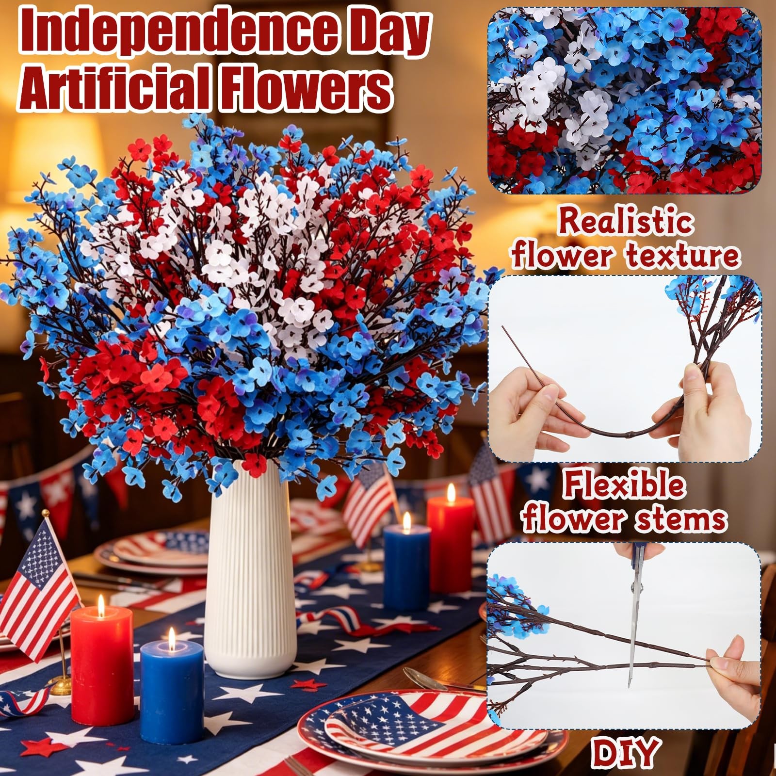10 Pcs 4th of July Artificial Babys Breath Flowers, 6 Pcs Small Flags, Red Wh…