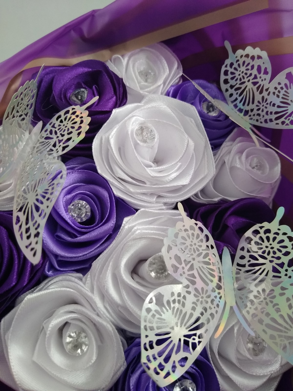Eternal Roses Bouquet Purple 12 Flowers Butterflies 17″ X 10″ Wedding Celebrate