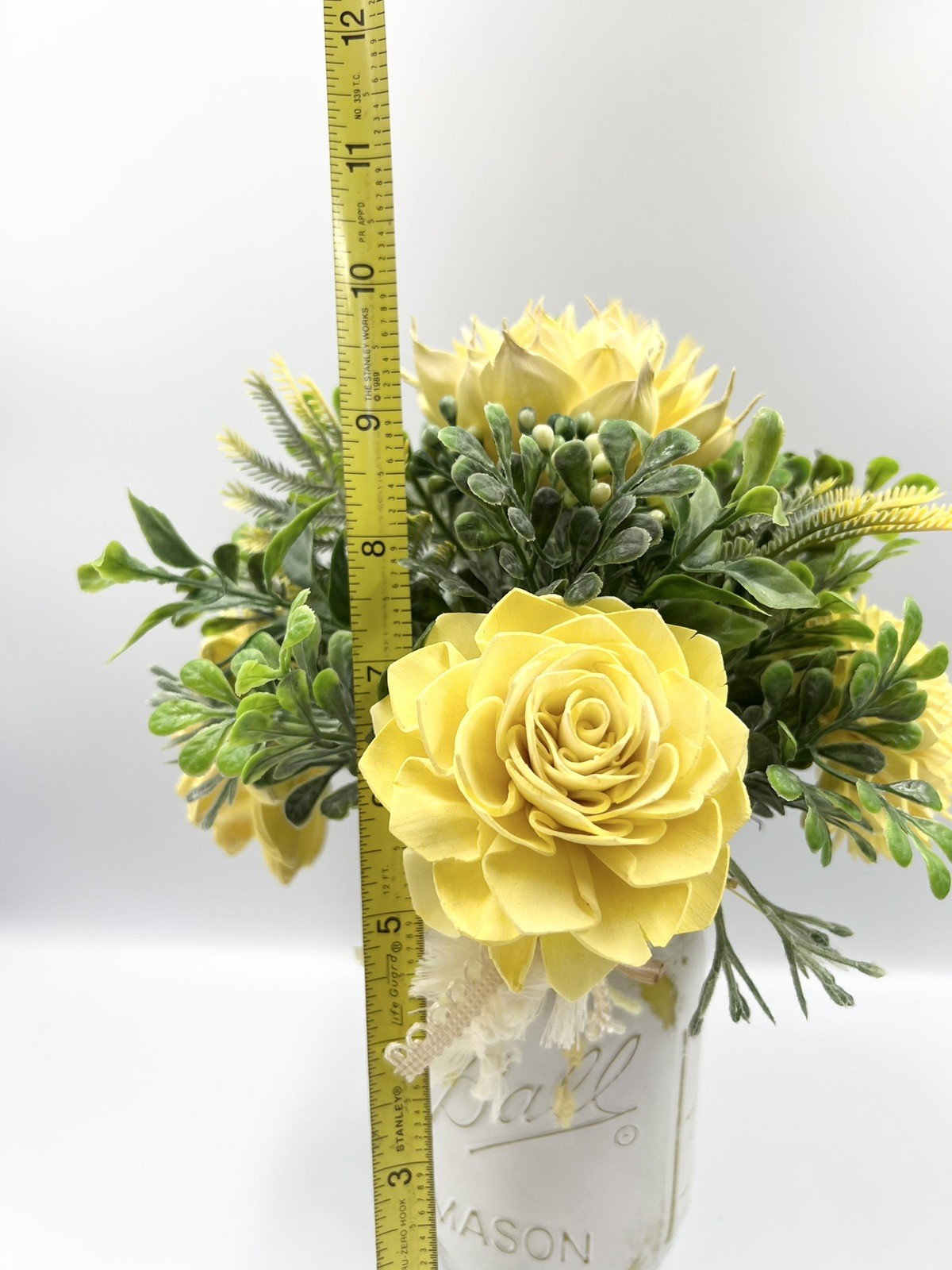 Yellow Sola Wood Flower Arrangement In Ball Canning Jar