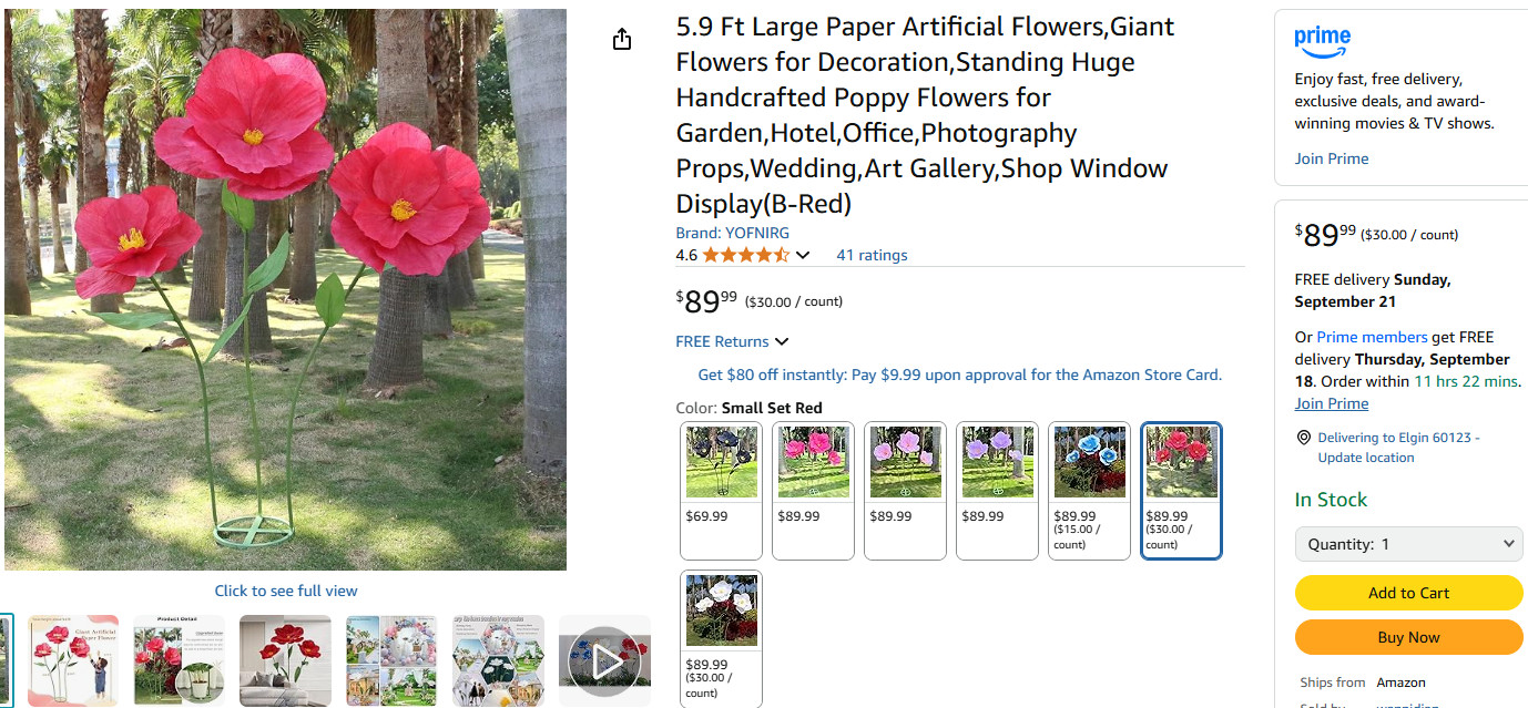 5.9 Ft Large Paper Artificial Flowers Giant Standing Poppy Wedding Decor Red