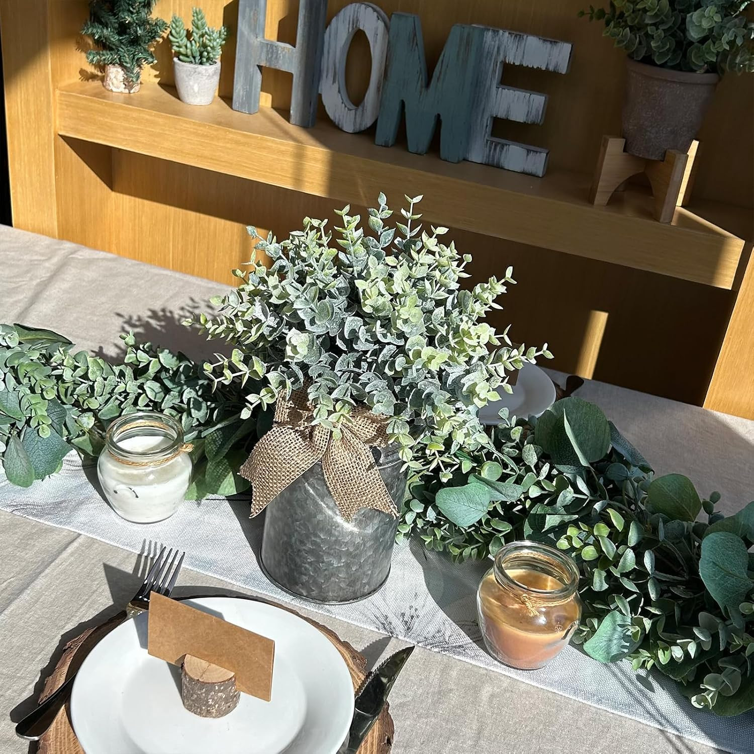 Set of 1 Farmhouse Faux Eucalyptus Arrangement Centerpiece Rustic Galvanized Met