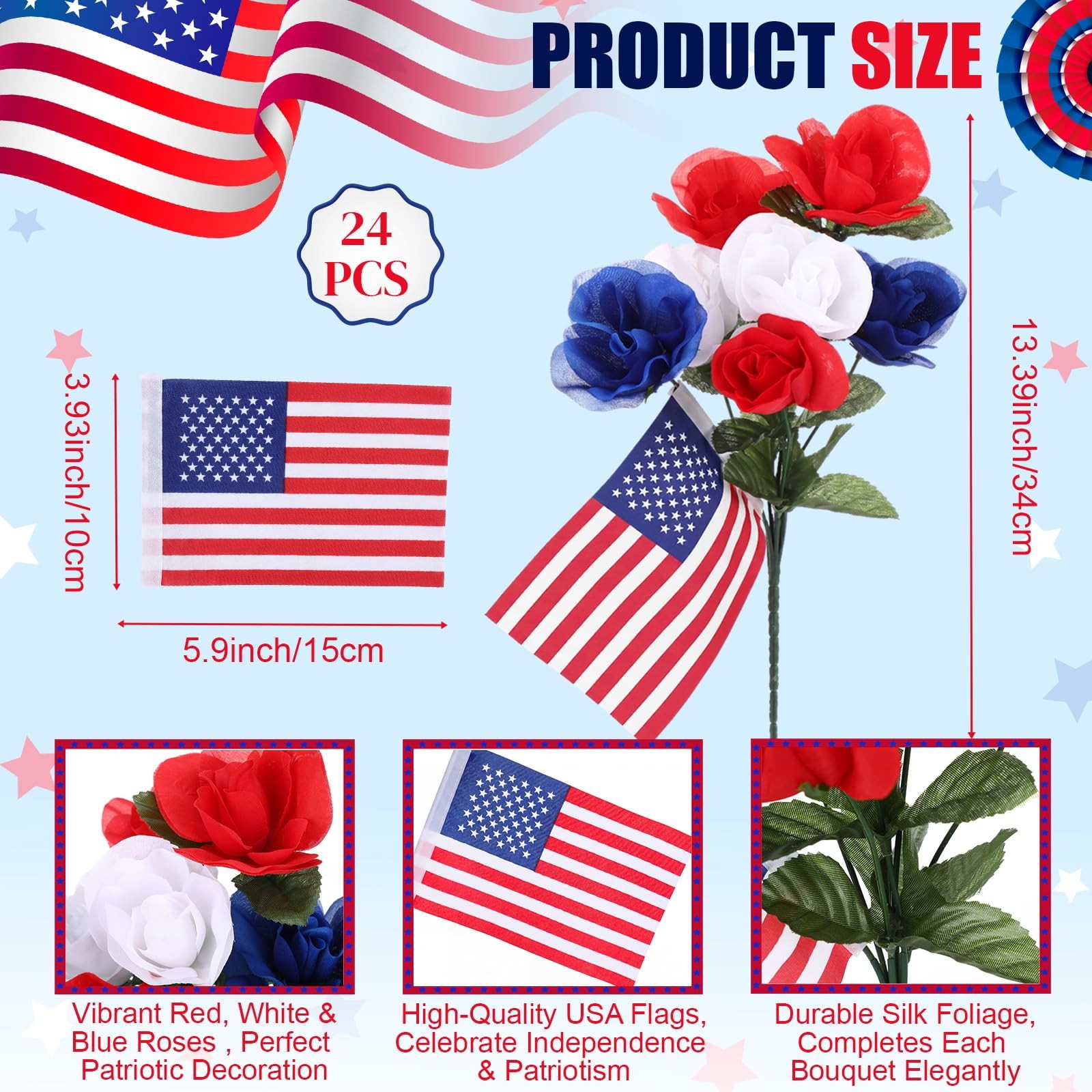 24 Bundles 4th of July Patriotic Artificial Flowers Bulk Red Blue and White F…