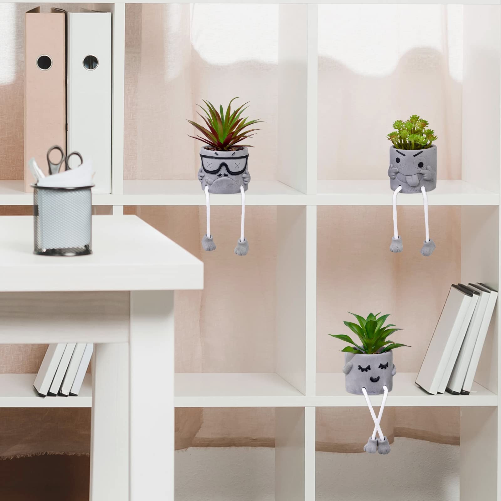 3-Set Artificial Succulents, Potted, Grey Pots, Fake Mini Plants, Desk Decor