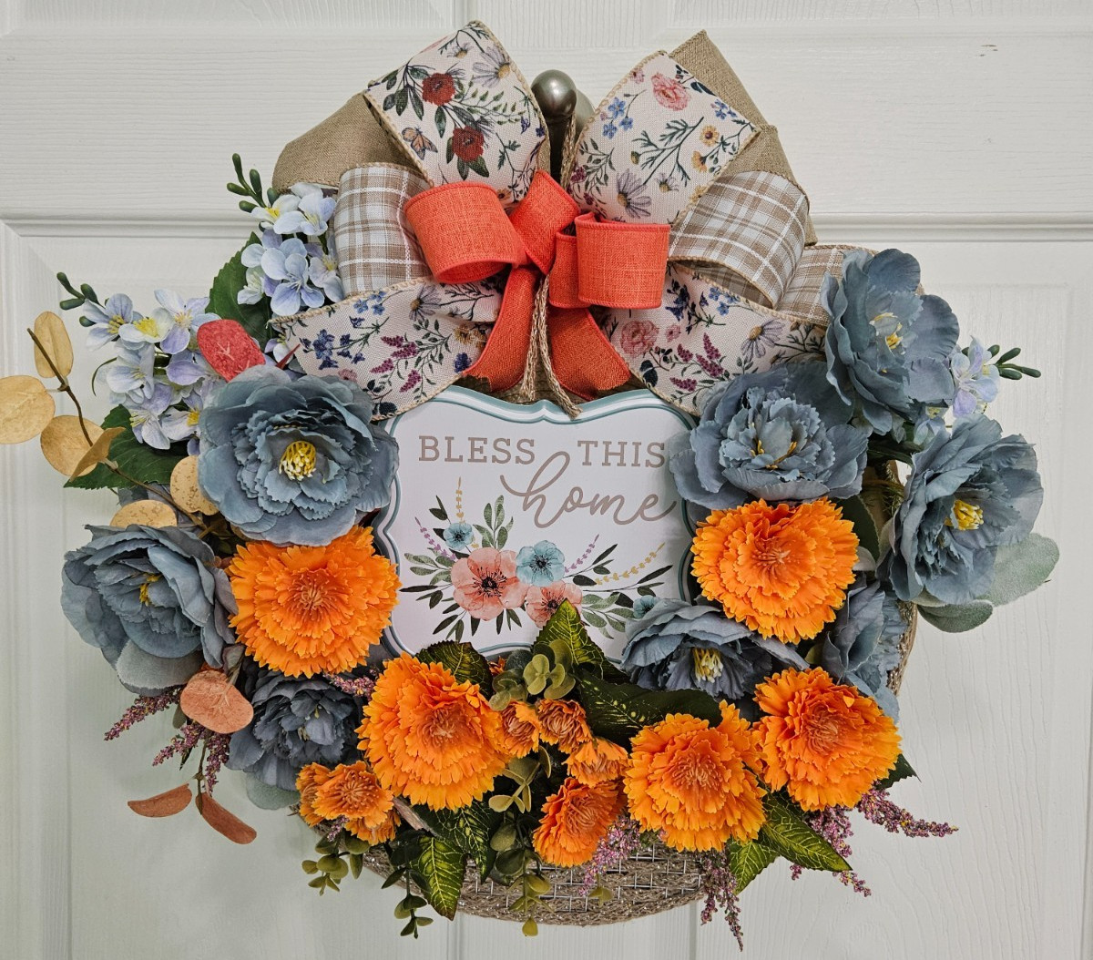 Fall Orange and Blue Blessing Basket Wreath, Faux Florals Flowers