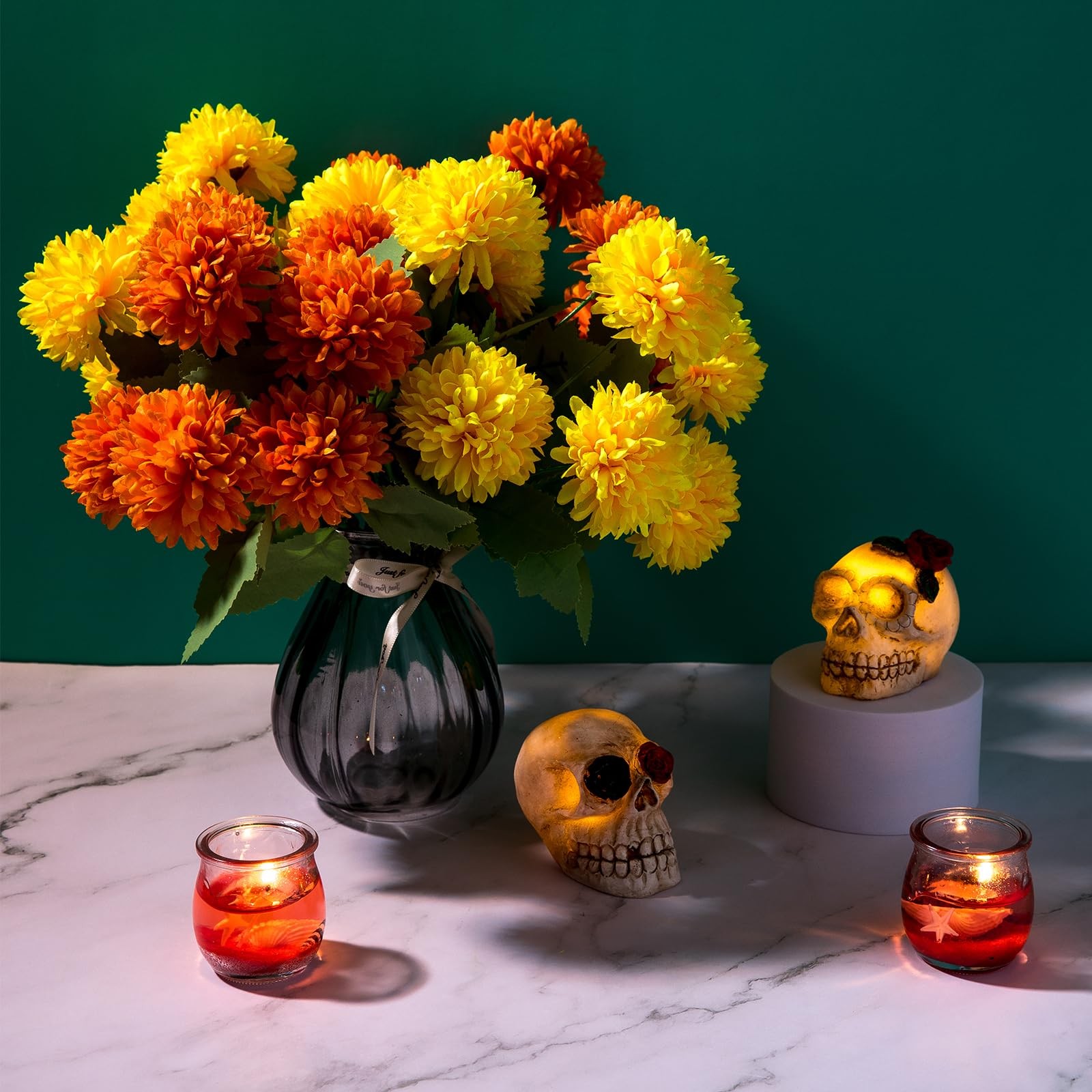 Artificial Silk Marigold Flower Heads Bouquet 12 Inch Orange Yellow 4 PCS