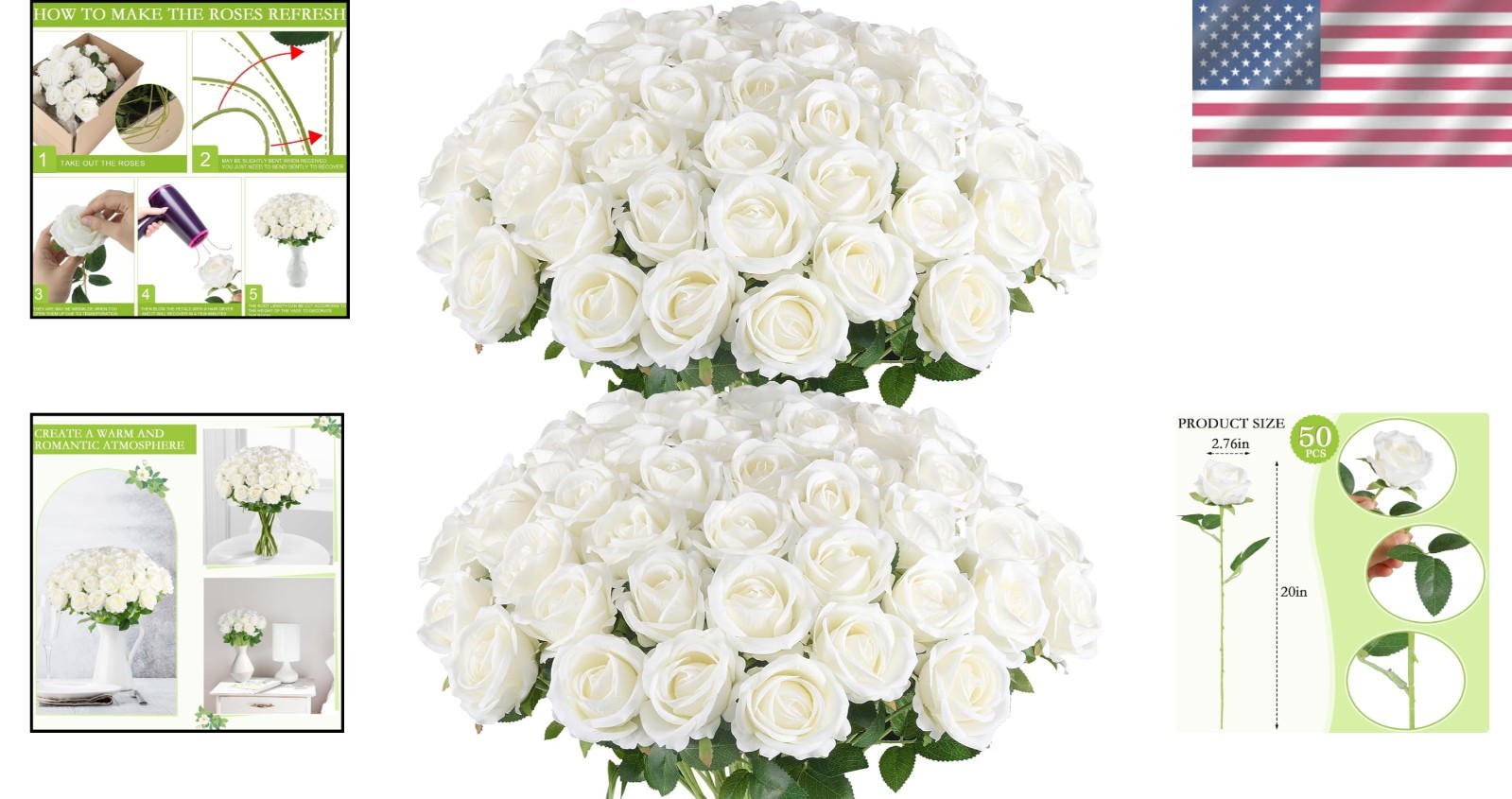 White Fake Roses Bulk 50 Pack for Wedding Centerpieces