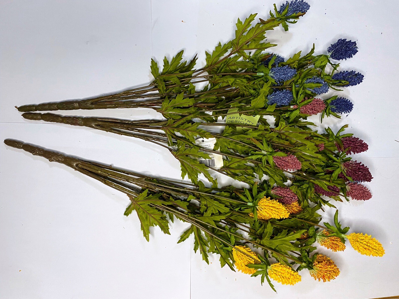 3x Colorful 18”in Artificial Phalaris Flower Bushes Yellow,Purple, Blue~New