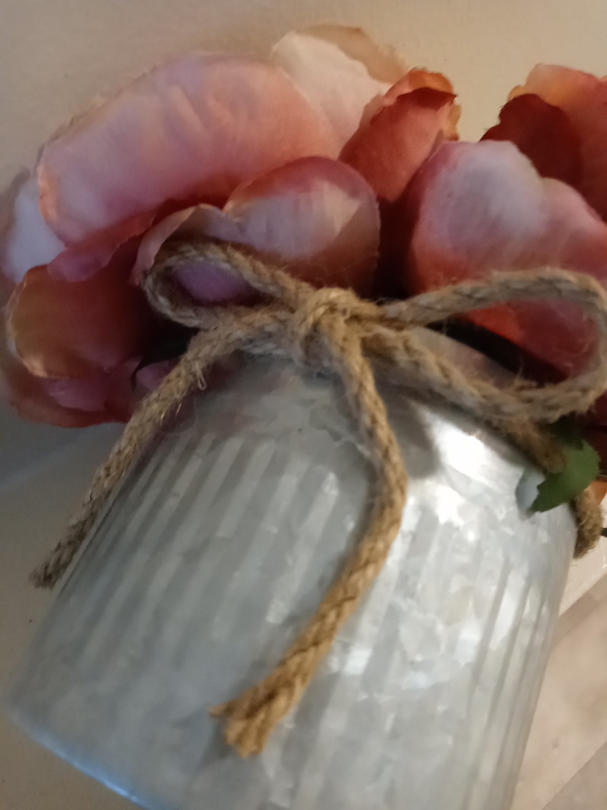 Pink Peony Faux Silk Flower Arrangement Bouquet I Galvinized Steel Pot Decor