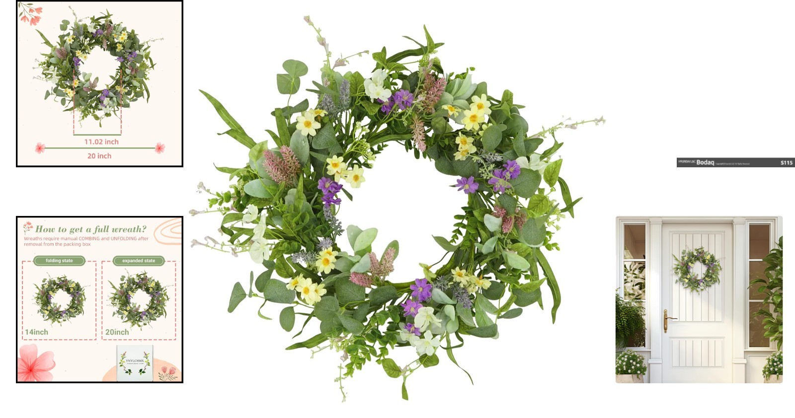 20-Inch Handcrafted Spring Summer Wreath with Eucalyptus & Multi-Colored Flowers