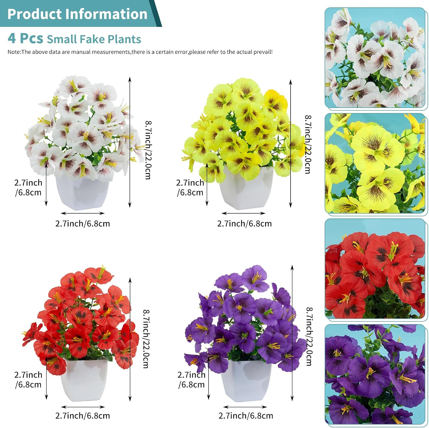 4 Pack Small Artificial Pansy Flowers Fake Plants in White Pots, Mini