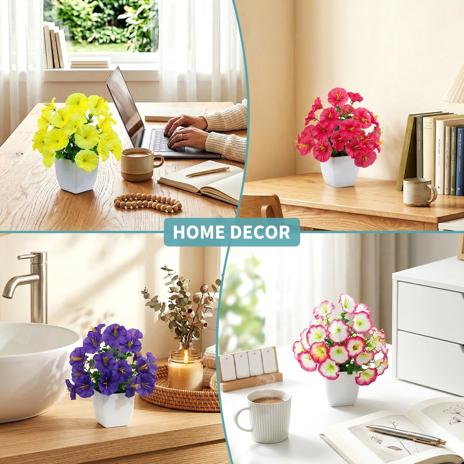 4 PCS Small Colorful Artificial Flowers White Pots Fake Mini Potted Plants