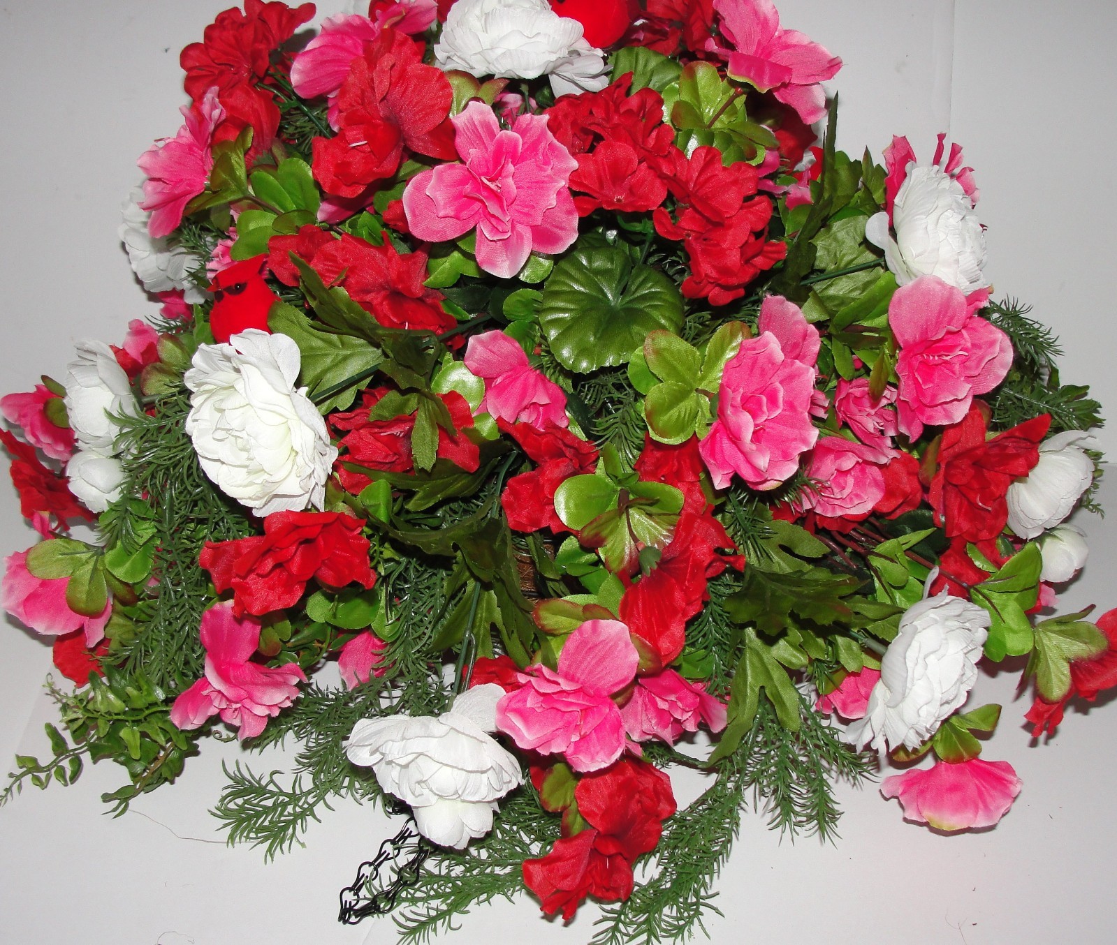 White Ranunculus Pink Red Azaleas Hanging Basket Silk Flower Deck Patio Cemetery