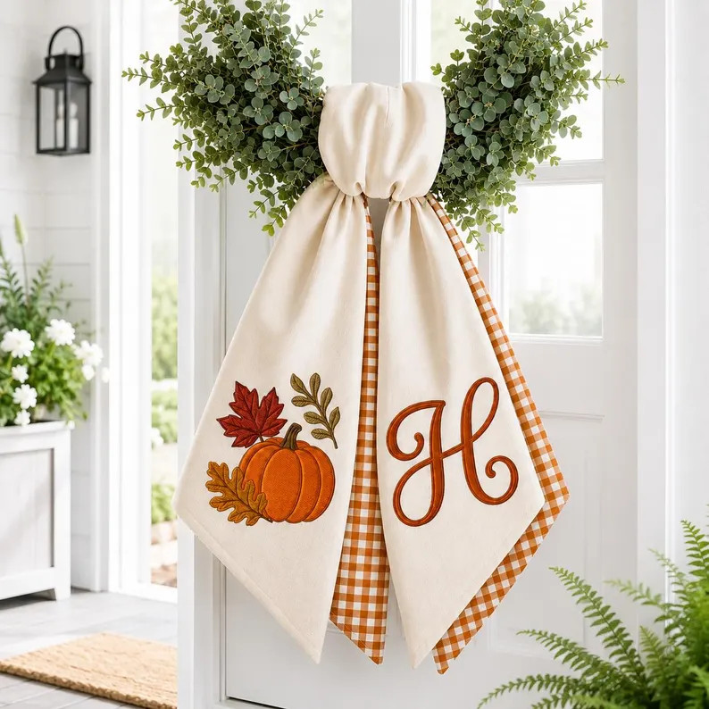 Custom Embroidered Monogrammed Pumpkin Wreath Sash Autumn Thanksgiving Decor