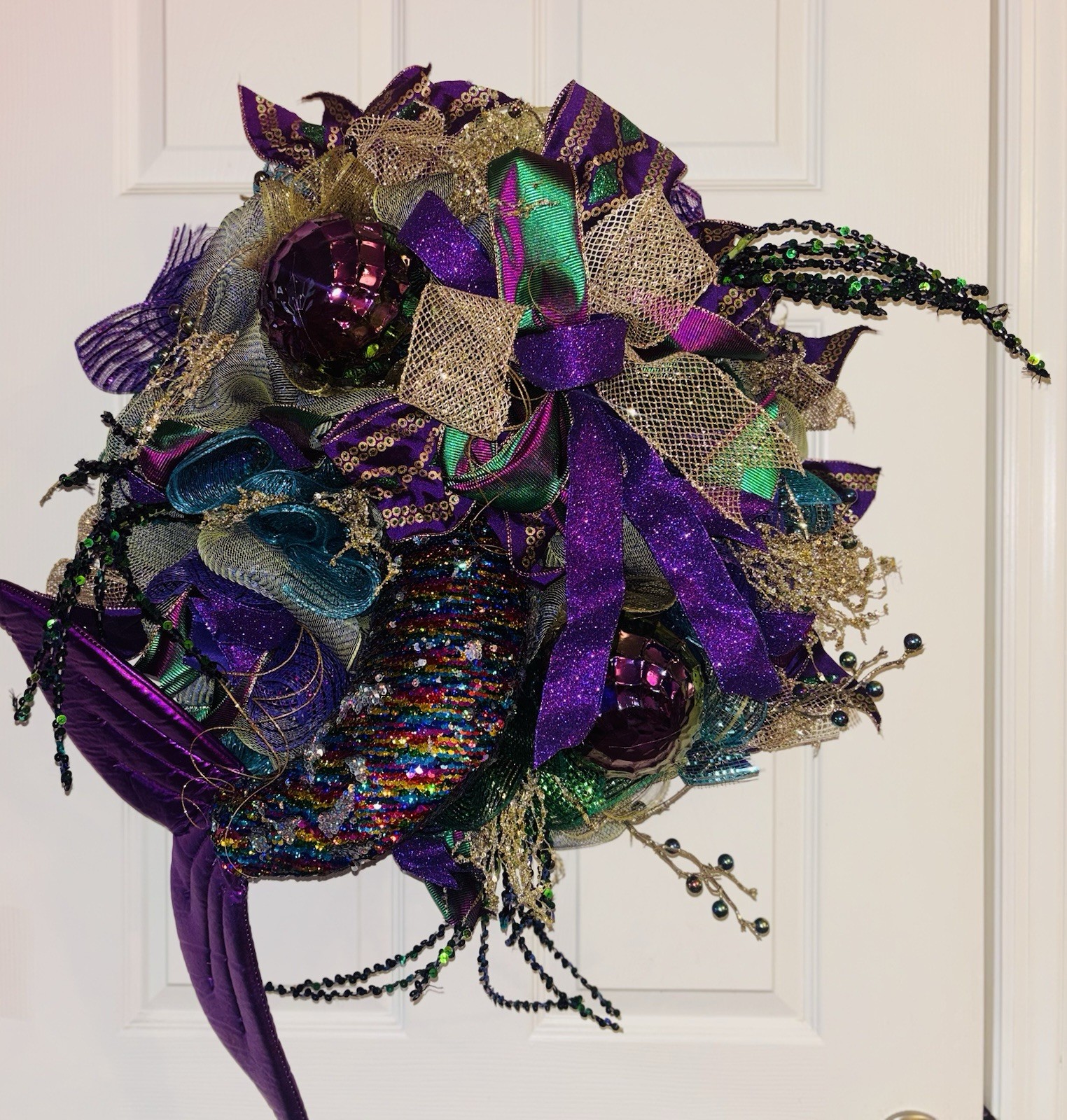 Mardi Gras Wreath Extra Large With Mermaid Tail and Fleur De Lis Handmade Deco