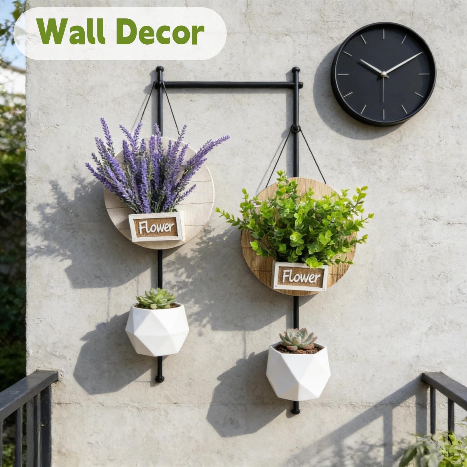 2 Pack Hanging Wood Wall Planter Vase with Artificial Eucalyptus and Lavender…
