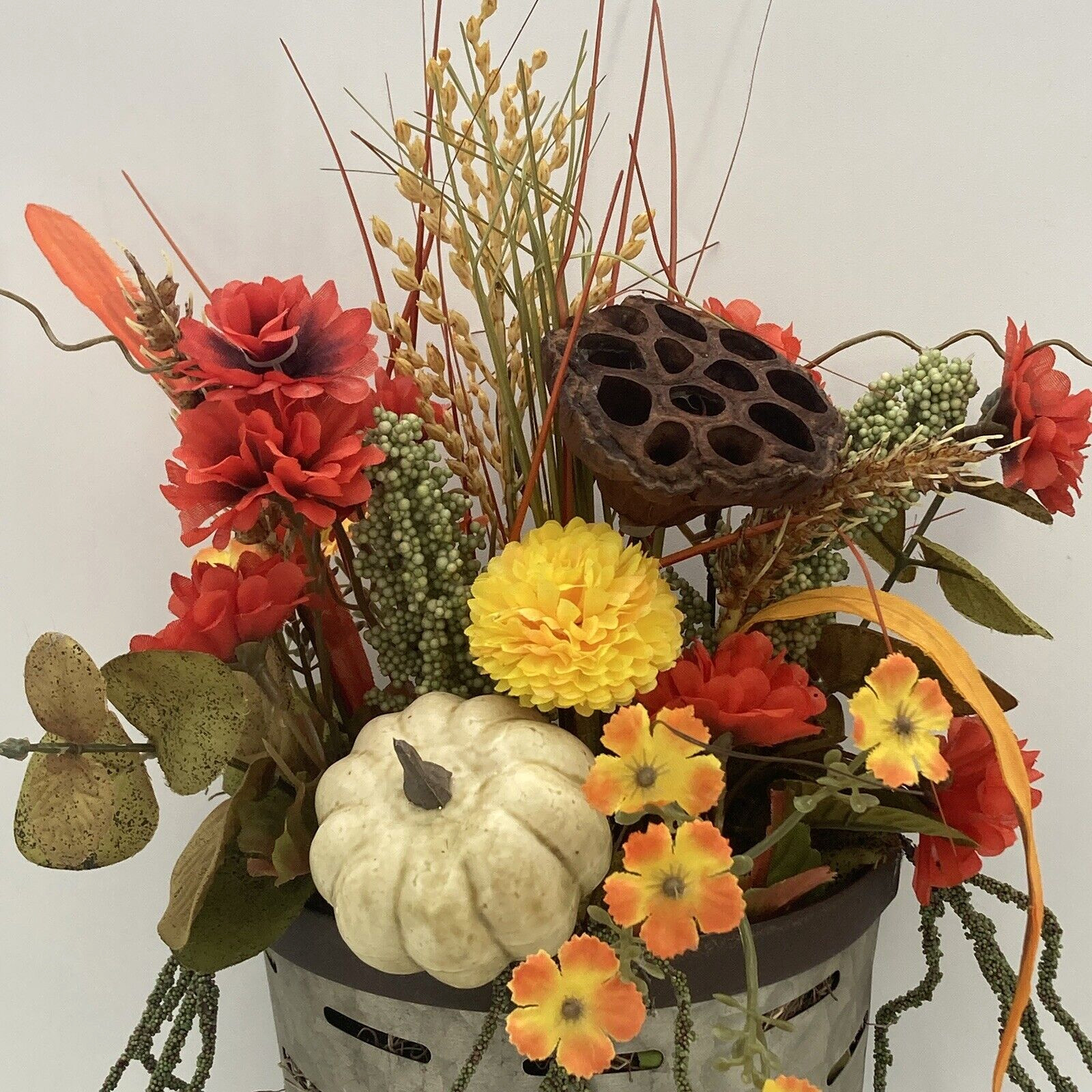 Artificial Flower Arrangement In Metal Wall Pocket Lotus Pod White Pumpkin