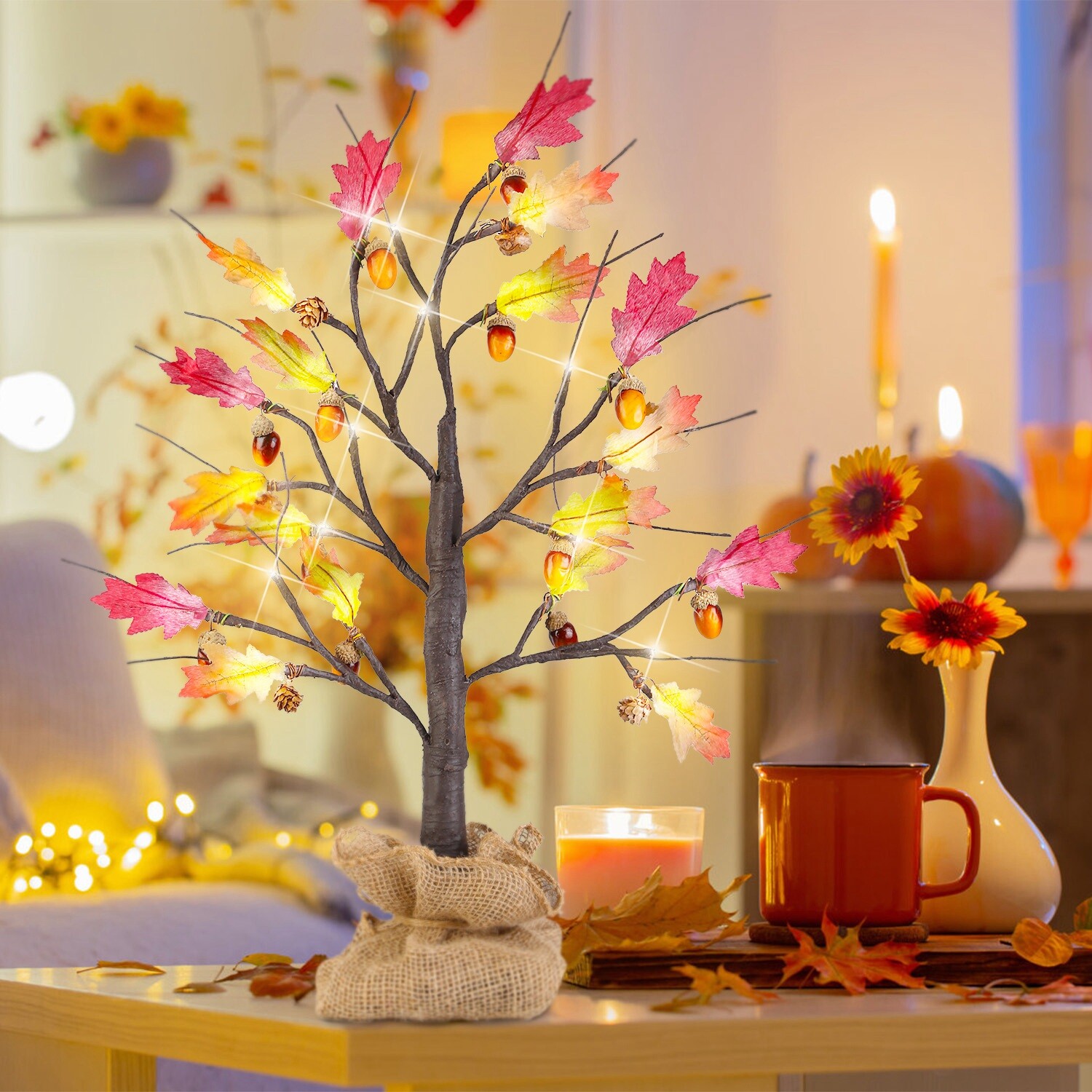 2PACK 24″ Artificial 24 LED Lighted Maple Tree Fall Decorations Timer Function