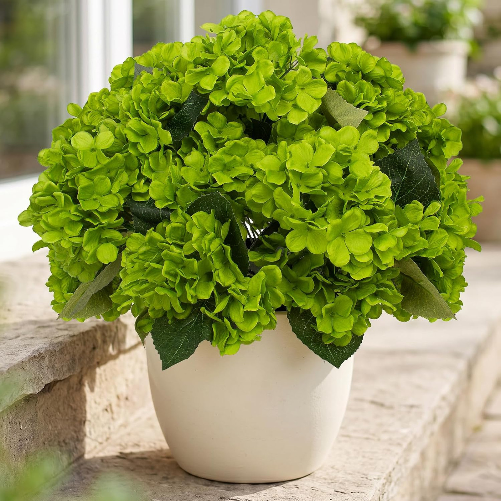 Artificial Hydrangea Flowers 4 Pcs Silk Bouquets UV Resistant Green Faux for