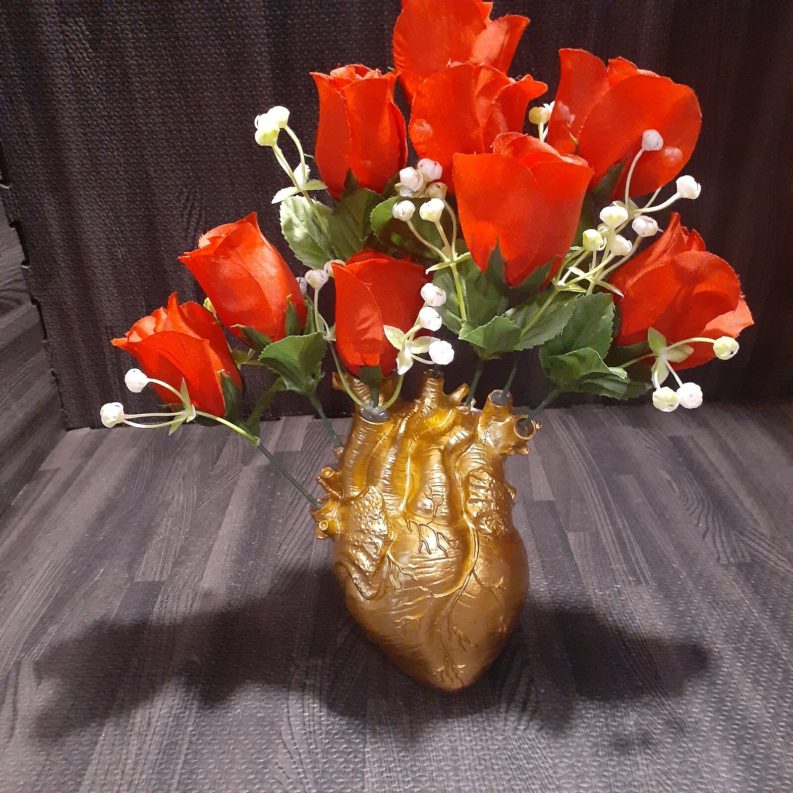 Goldtone Human Heart Faux Rose Display. Creepy Romantic Gift Halloween