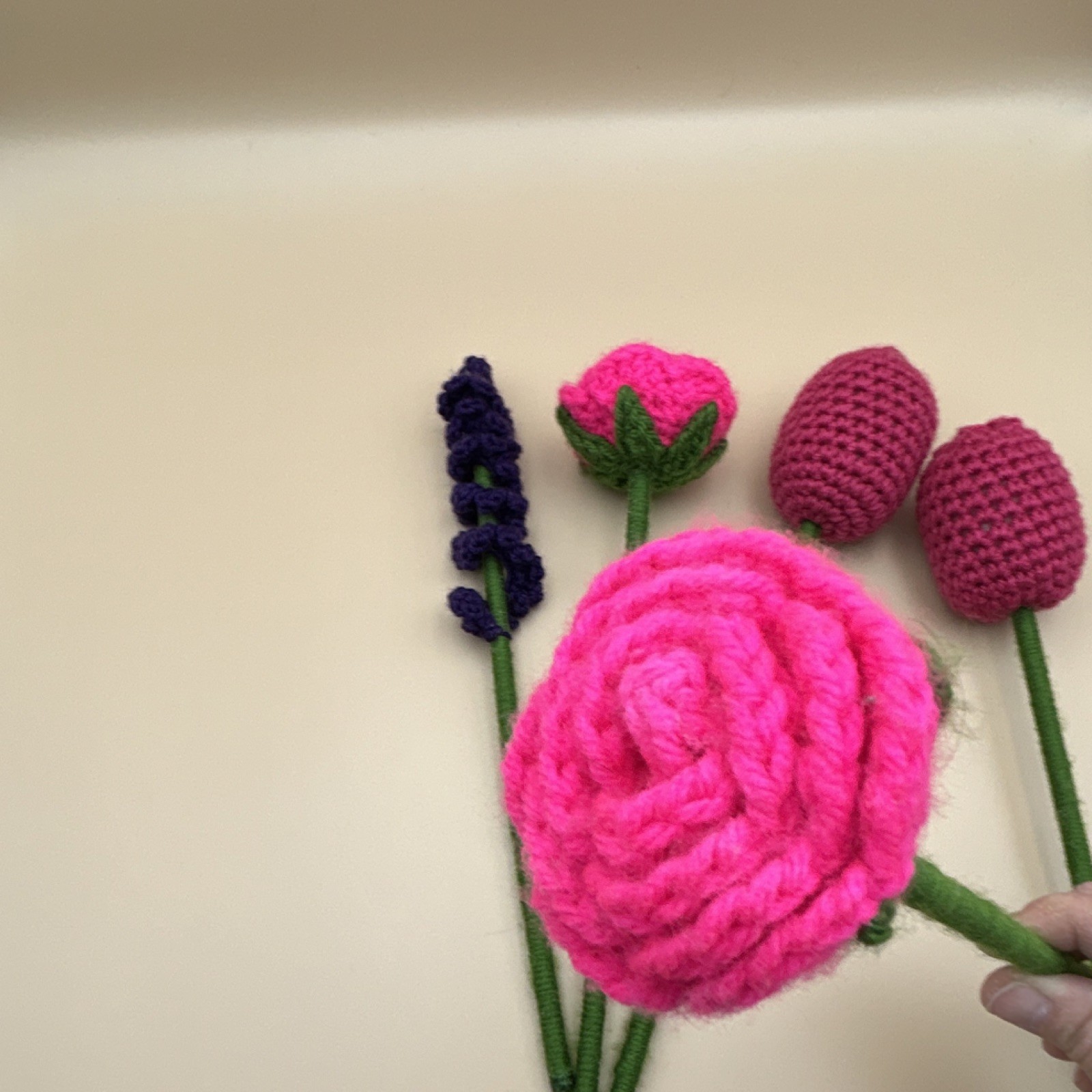 Handmade Yarn Crochet Flower Bouquet Pink Purple Green Rose Lavender Tulip
