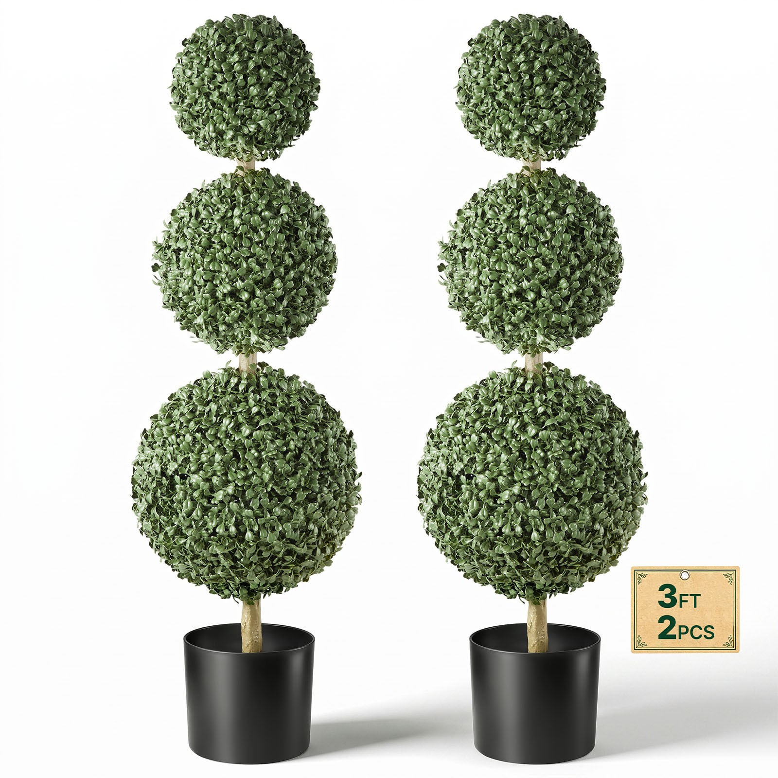 VEVOR Artificial Boxwood Topiary Triple Ball 3 Ft Set of 2 Greenery Decor PE