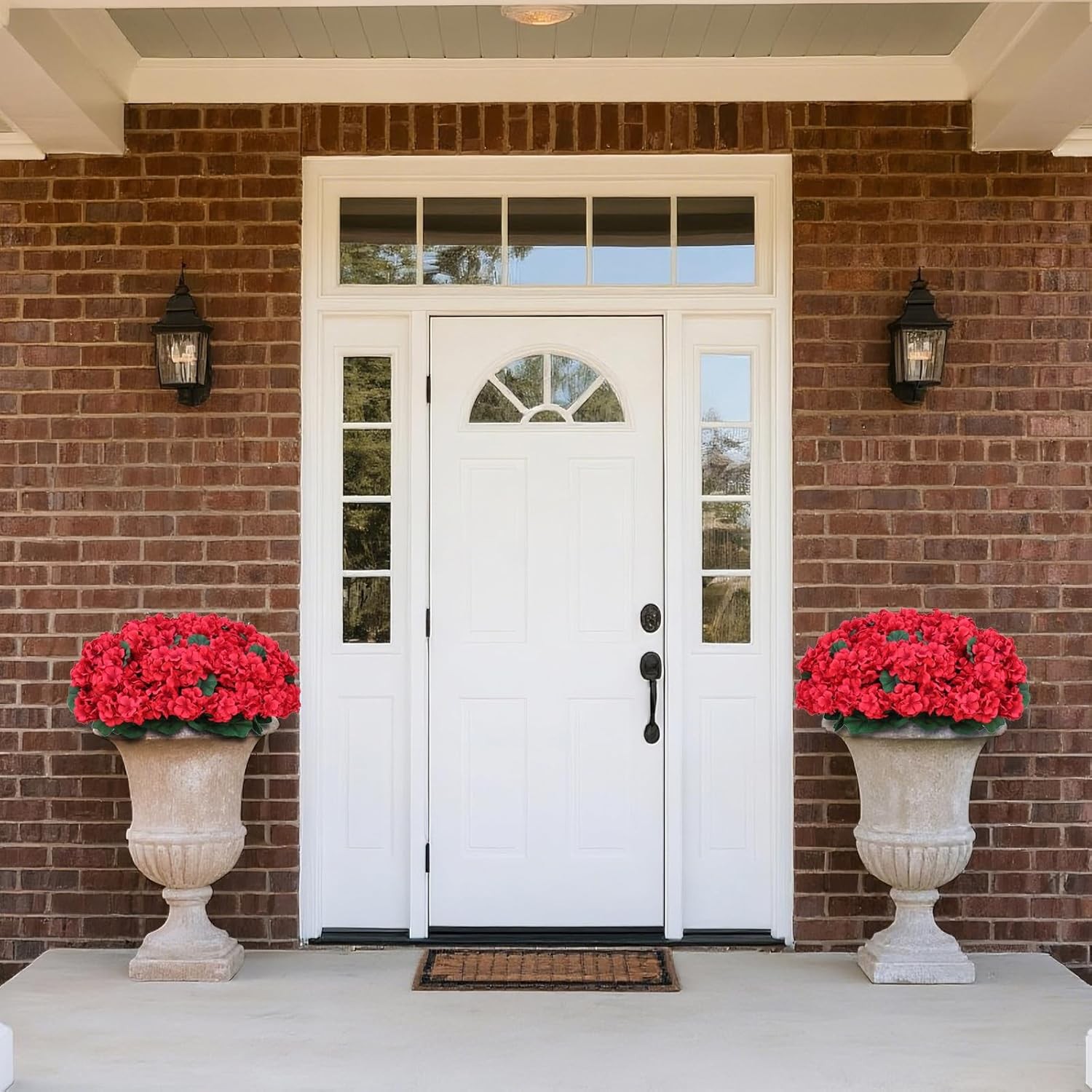 18″ Artificial Geraniums Topiary – 2 Set for Front Porch Decor,Faux Silk Flowers