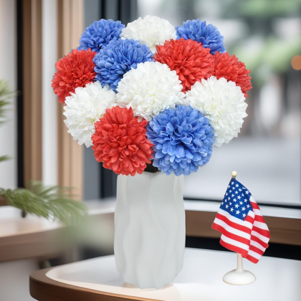 12 PCS Red White Blue Artificial Chrysanthemum Ball Flowers 4th July Decor