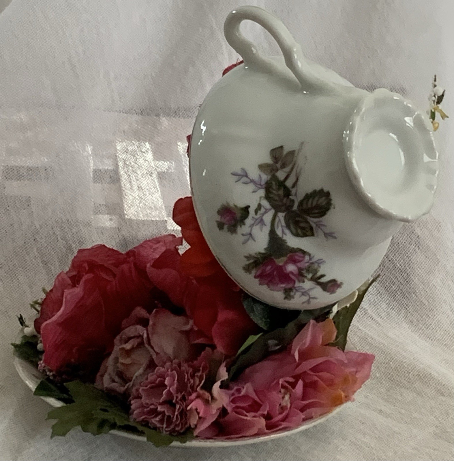 Mystical FLOATING PORCELAIN TEACUP/ARTIST MADE OOAK/Red & Pink FLORAL CASCADES/