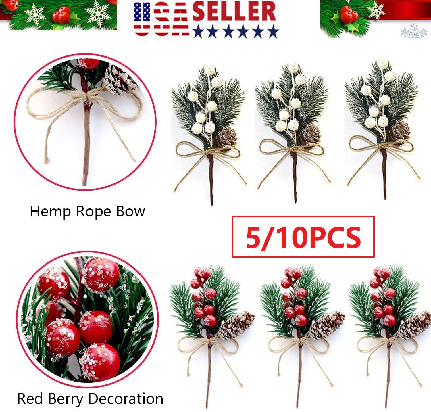 10Pcs Artificial Pine Cones And Berry Floral Picks For Christmas Tree Toppers US