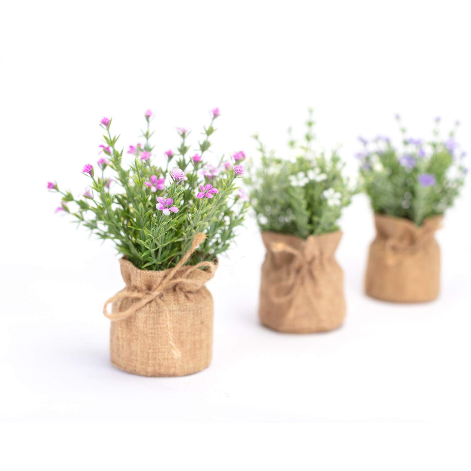 Babys Breath Artificial Flowers in Small Burlap Bag Vases 3Pcs -Gypsophila Fa…