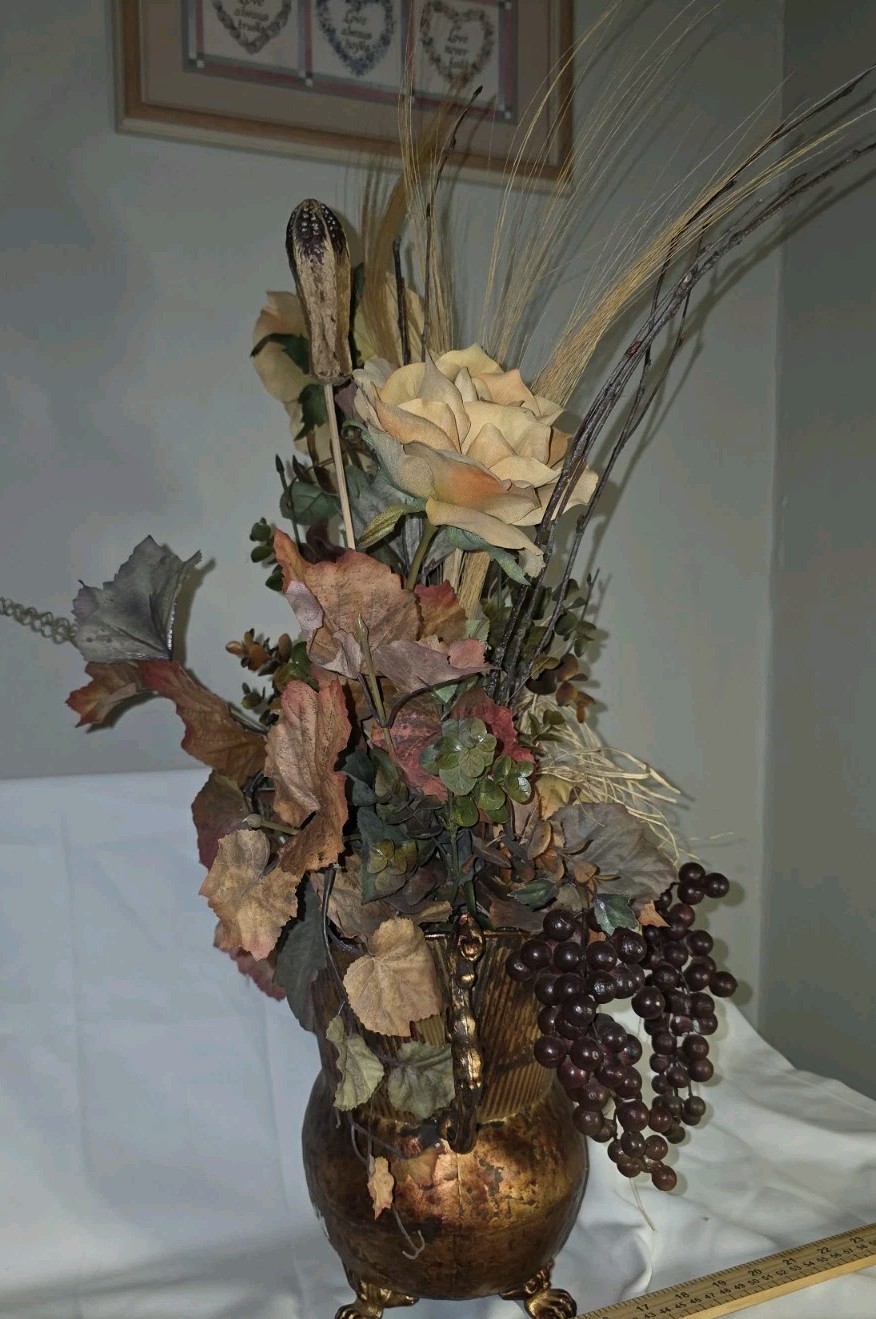 🌾🍂 Vintage Floral Arrangement in Ornate Footed Metal Urn – 29″ Tall – Rustic